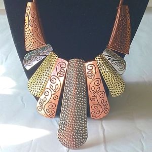 VINTAGE Boho Bib Mixed Metals Engraved Multi-Colored With Extended Chain